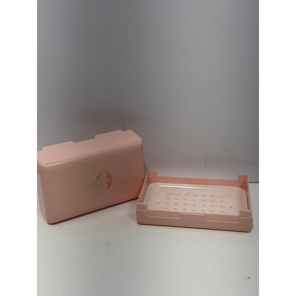 Vintage Mary Kay Pink Travel Soap Dish Case with Draining Tray Gold MK Monogram